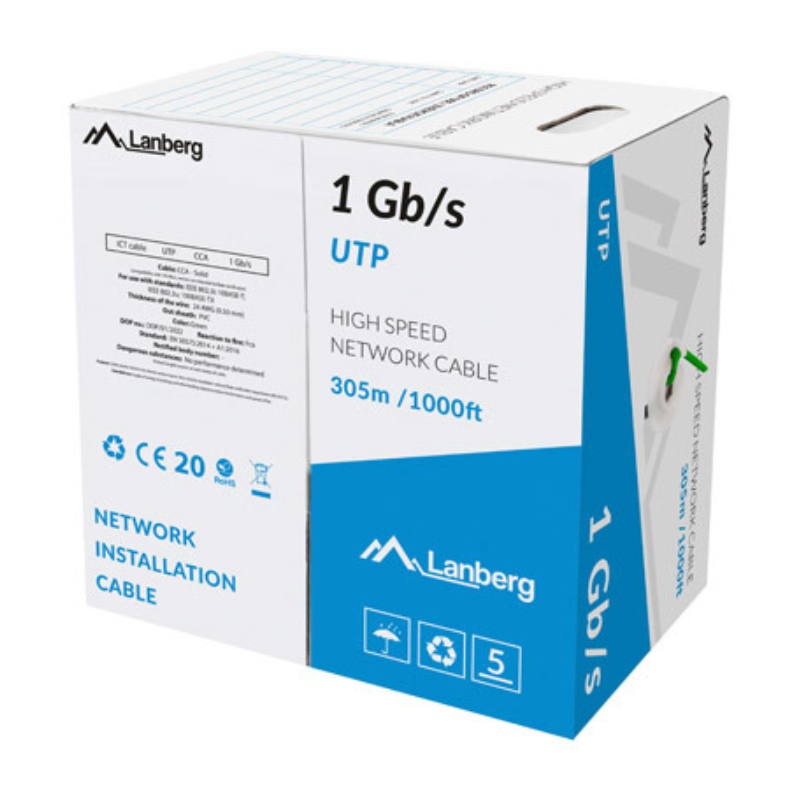 BOBINA CABLE RED LANBERG UTP RJ45 1GB S SOLIDO CCA AWG23 305M VERDE