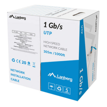 BOBINA CABLE RED LANBERG UTP RJ45 1GB S SOLIDO CCA AWG23 305M AZUL