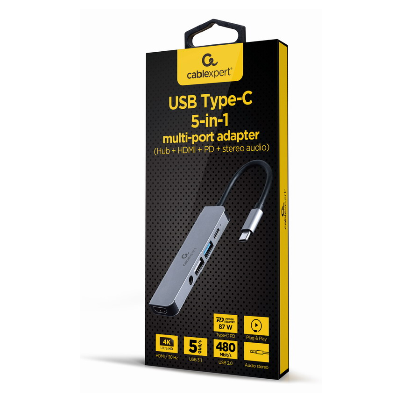 ADAPTADOR MULTIPUERTO USB TIPO C 5 EN 1 HUB HDMI PD AUDIO ESTERO