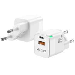 CARGADOR GAN AISENS 20W 1XUSB C PD30 QC40 1XUSB A QC30 BLANCO