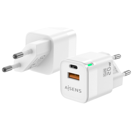 CARGADOR GAN AISENS 20W 1XUSB C PD30 QC40 1XUSB A QC30 BLANCO