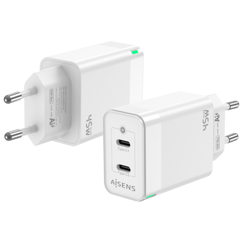 CARGADOR GAN AISENS 45W 2XUSB C PD30 QC40 BLANCO