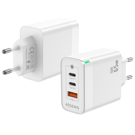 CARGADOR GAN AISENS 65W 2XUSB C PD30 QC40 1XUSB A QC30 BLANCO