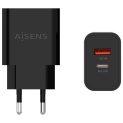 CARGADOR AISENS 20W 1xUSB C PD30 1xUSB A QC30 NEGRO