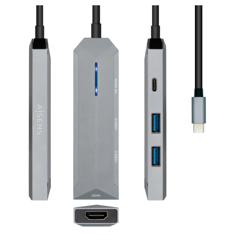 HUB AISENS USB C DOCK 4 EN 1 USB C A 1xHDMI 2xUSB 1xPD GRIS 15CM