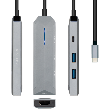 HUB AISENS USB C DOCK 4 EN 1 USB C A 1xHDMI 2xUSB 1xPD GRIS 15CM