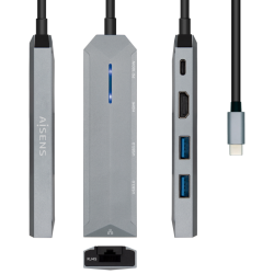 HUB AISENS USB C DOCK 5 EN 1 USB C A 1xHDMI 1xRJ45 2xUSB 1xPD GRIS 15CM