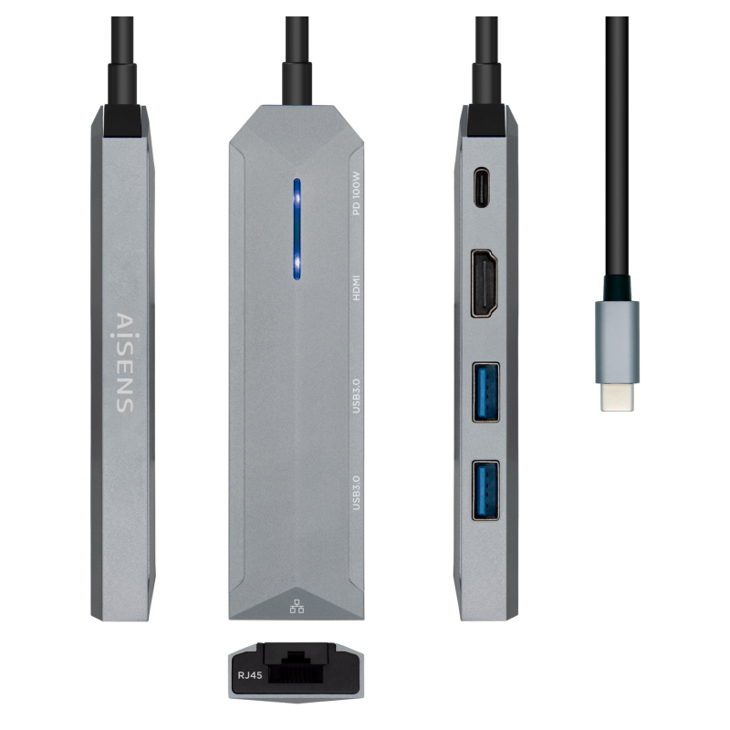 HUB AISENS USB C DOCK 5 EN 1 USB C A 1xHDMI 1xRJ45 2xUSB 1xPD GRIS 15CM