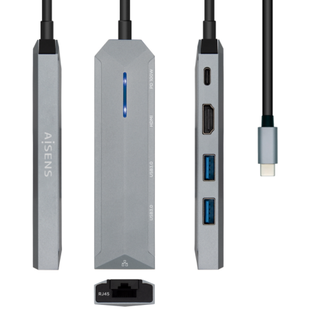 HUB AISENS USB C DOCK 5 EN 1 USB C A 1xHDMI 1xRJ45 2xUSB 1xPD GRIS 15CM