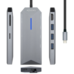 HUB AISENS USB C DOCK 8 EN 1 USB C 1xHDMI 1xRJ45 3xUSB 1xPD 1xSD 1xMICR SD 15CM