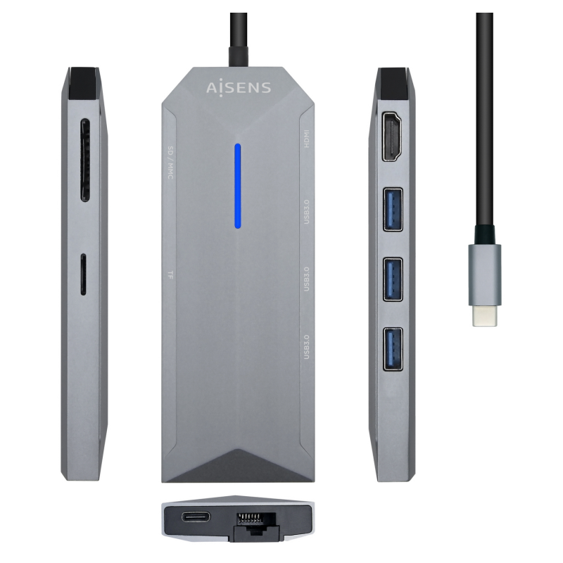 HUB AISENS USB C DOCK 8 EN 1 USB C 1xHDMI 1xRJ45 3xUSB 1xPD 1xSD 1xMICR SD 15CM
