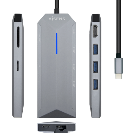 HUB AISENS USB C DOCK 8 EN 1 USB C 1xHDMI 1xRJ45 3xUSB 1xPD 1xSD 1xMICR SD 15CM