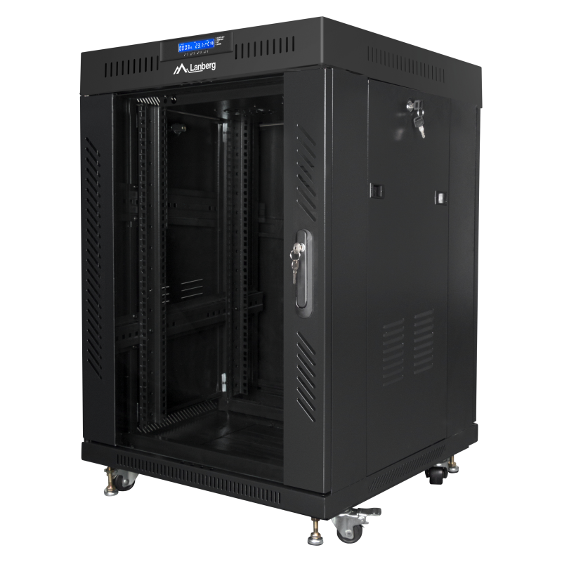 ARMARIO LANBERG RACK 19 15U 600X600 FLAT PACK NEGRO PUERTA CRISTAL CON LCD