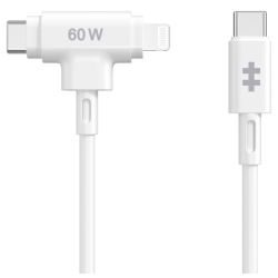 HYPER SILICONE USB C TO USB C AND LIGHTNING HYBRID 60W CABLE WHITE