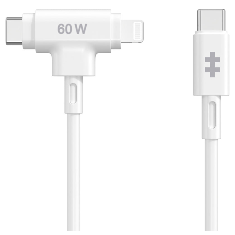 HYPER SILICONE USB C TO USB C AND LIGHTNING HYBRID 60W CABLE WHITE
