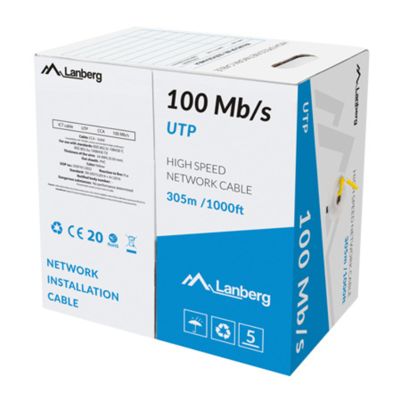 BOBINA CABLE RED LANBERG UTP RJ45 100 MB S SOLIDO CCA AWG24 305M AMARILLO