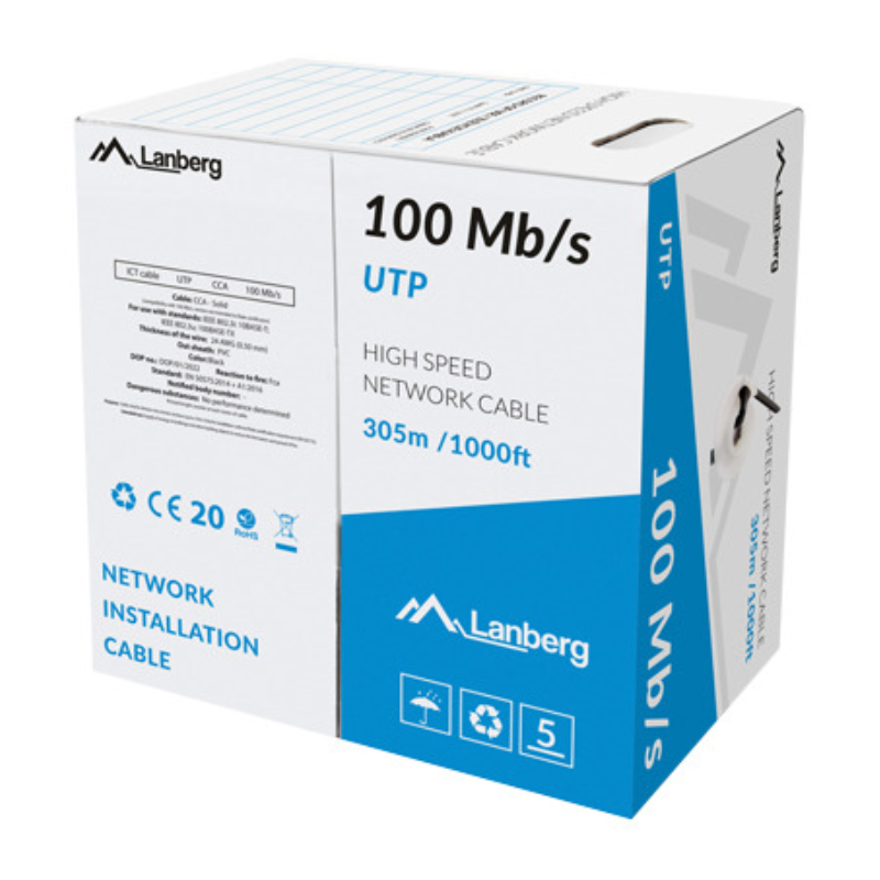 BOBINA CABLE RED LANBERG UTP RJ45 100 MB S SOLIDO CCA AWG24 305M NEGRO
