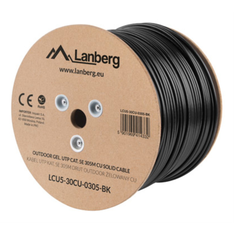 BOBINA CABLE RED LANBERG EXTERIOR UTP RJ45 CAT5E SOLIDO CU AWG24 305M NEGRO FLU