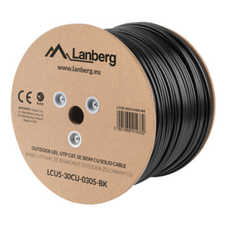 BOBINA CABLE RED LANBERG EXTERIOR UTP RJ45 CAT5E SOLIDO CU AWG24 305M NEGRO FLU