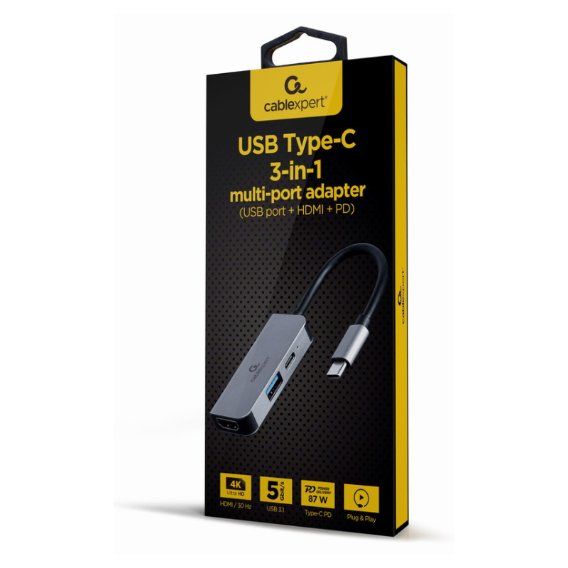 ADAPTADOR MULTIPUERTO USB TIPO C 3 EN 1 PUERTO USB HDMI PD PLATA