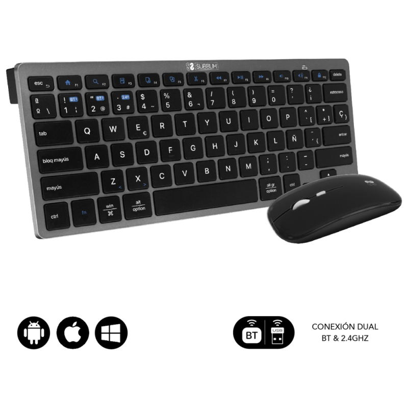 COMBO TECLADO RATON SUBBLIM MULTIDISPOSITIVO COMPACTO GRIS NEGRO BLUETOOTH
