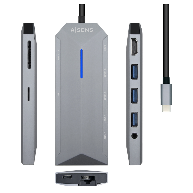 HUB AISENS 9 EN 1 USB C DOCK HDMI RJ45 3xUSB PD AUDIO SD MICRO SD GRIS 15CM