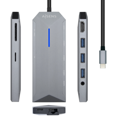 HUB AISENS 9 EN 1 USB C DOCK HDMI RJ45 3xUSB PD AUDIO SD MICRO SD GRIS 15CM