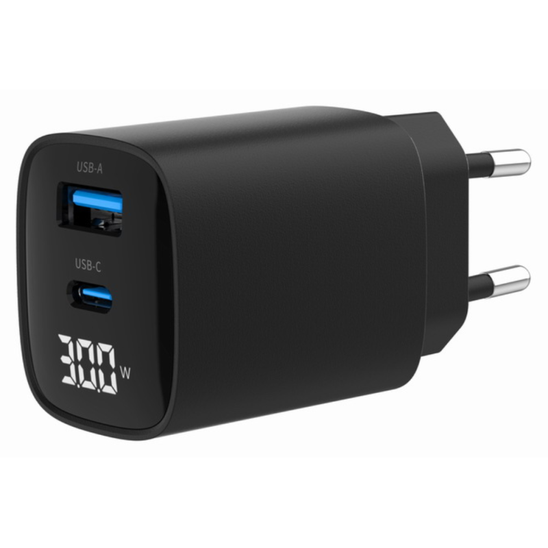 CARGADOR RAPIDO USB GEMBIRD DE 2 PUERTOS Y 30 W LCD NEGRO