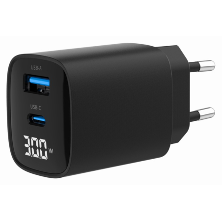 CARGADOR RAPIDO USB GEMBIRD DE 2 PUERTOS Y 30 W LCD NEGRO