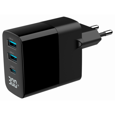 CARGADOR RAPIDO USB GEMBIRD GAN DE 3 PUERTOS Y 30 W LCD NEGRO