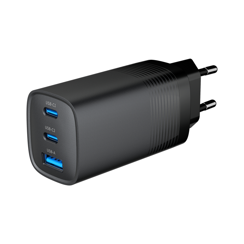 CARGADOR RAPIDO USB GEMBIRD POWER DELIVERY GAN DE 3 PUERTOS Y 65 W NEGRO