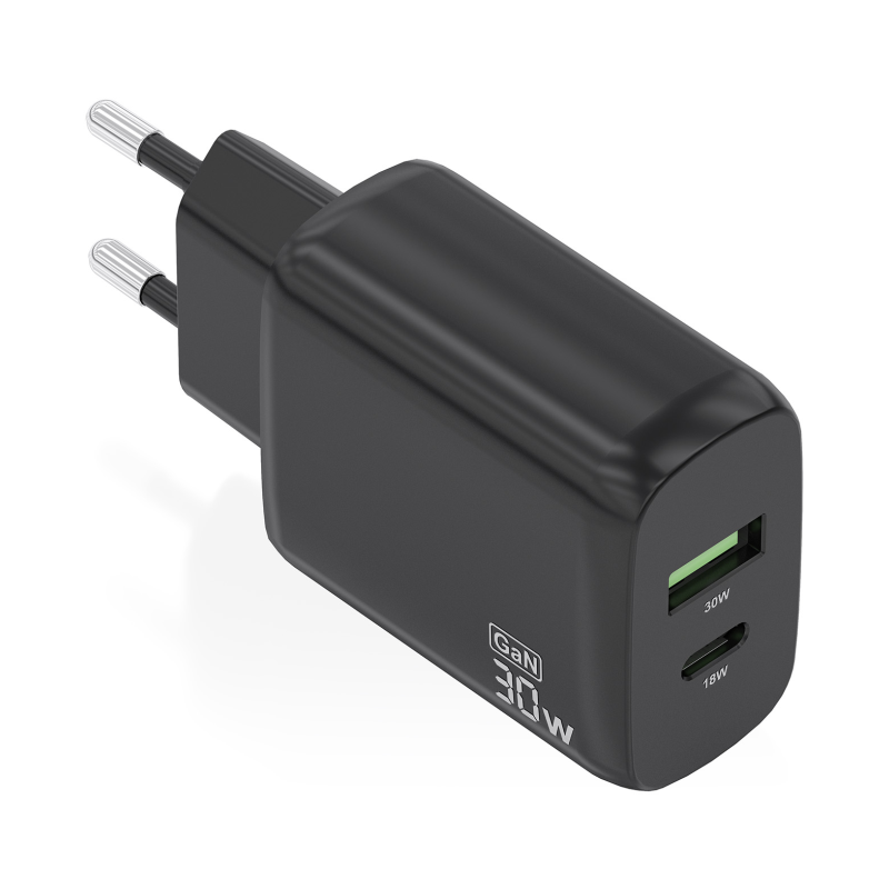 CARGADOR AISENS GAN 30W 1XUSB C PD30 QC40 1XUSB A QC30 NEGRO
