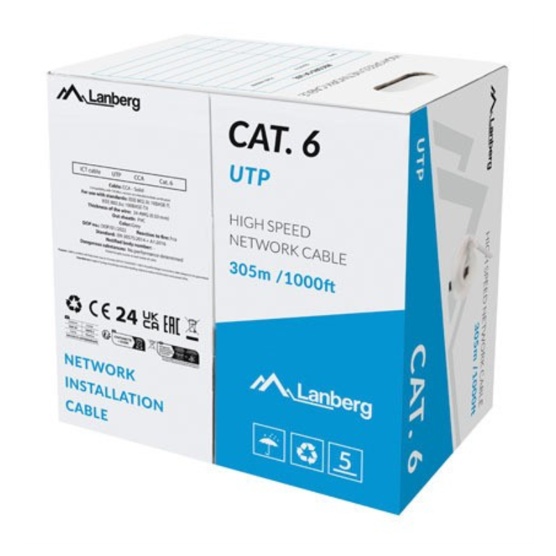 BOBINA CABLE DE RED LANBERG UTP RJ45 CAT6 SOLIDO CCA 305M GRIS FLUKE PASSED CF