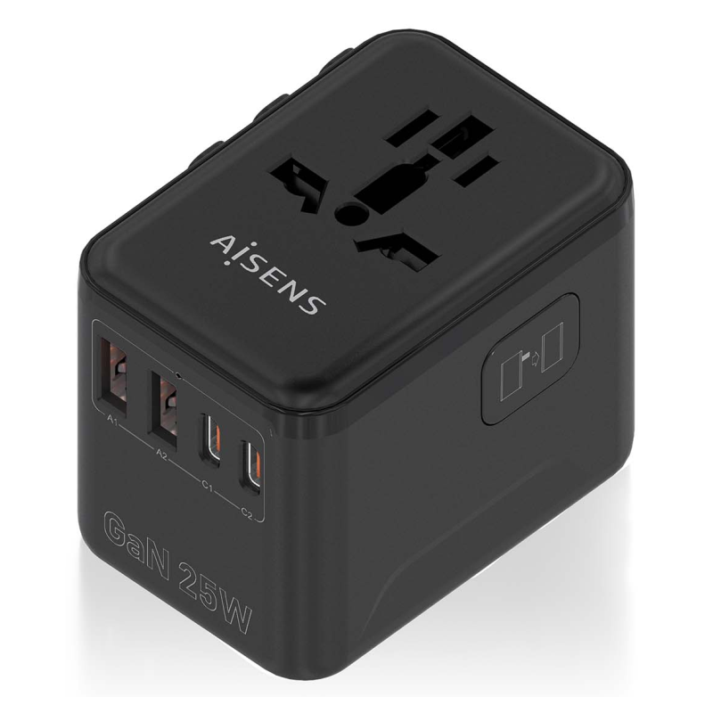 ADAPTADOR AISENS ENCHUFE UNIVERSAL VIAJE CARGADOR USB GAN 25W NEGRO