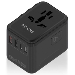 ADAPTADOR AISENS ENCHUFE UNIVERSAL VIAJE CARGADOR USB GAN 35W NEGRO
