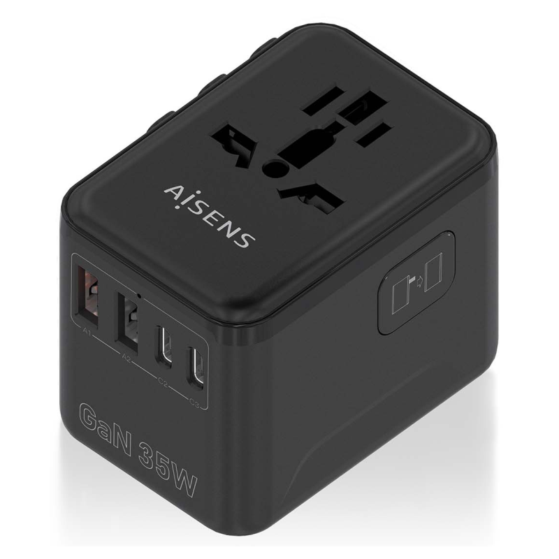 ADAPTADOR AISENS ENCHUFE UNIVERSAL VIAJE CARGADOR USB GAN 35W NEGRO