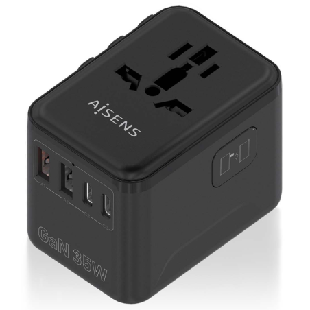 ADAPTADOR AISENS ENCHUFE UNIVERSAL VIAJE CARGADOR USB GAN 35W NEGRO