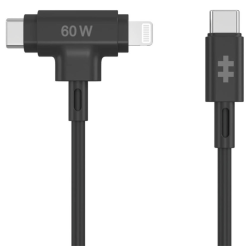 HYPER SILICONE USB C TO USB C AND LIGHTNING HYBRID 60W CABLE BLACK