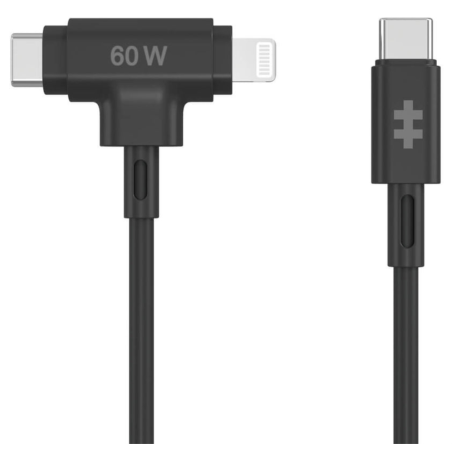 HYPER SILICONE USB C TO USB C AND LIGHTNING HYBRID 60W CABLE BLACK
