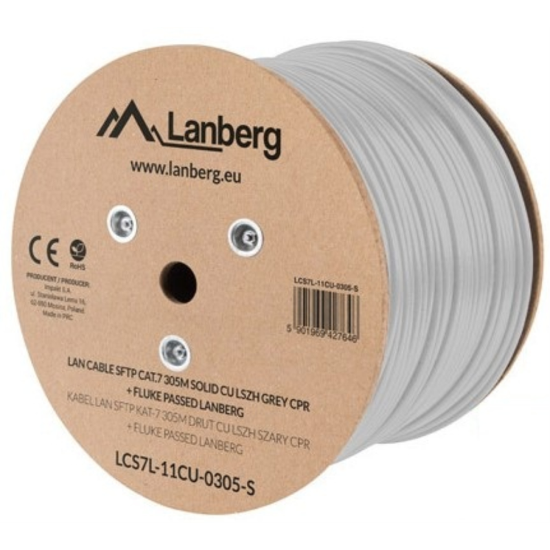 BOBINA CABLE RED LANBERG SFTP RJ45 CAT7 SOLIDO CU AWG23 LSZH CPR 305M GRIS FLU
