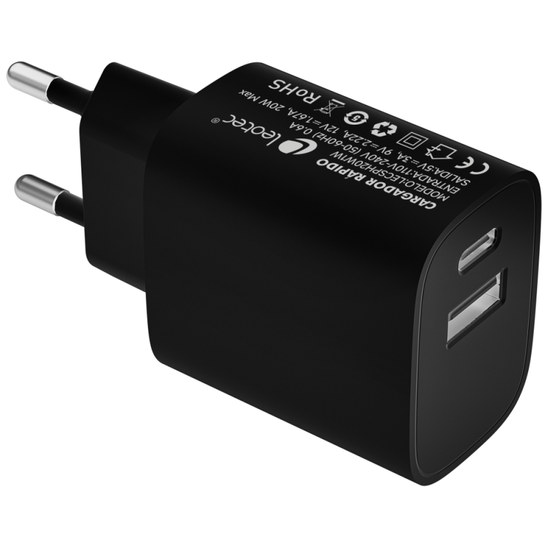 LEOTEC CARGADOR 20W CARGA RAPIDA 1 USB TIPO C PD 1 USB A NEGRO