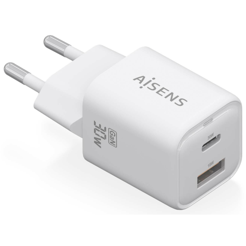 CARGADOR AISENS GAN 30W 1XUSB C PD30 QC40 1XUSB A QC30 BLANCO