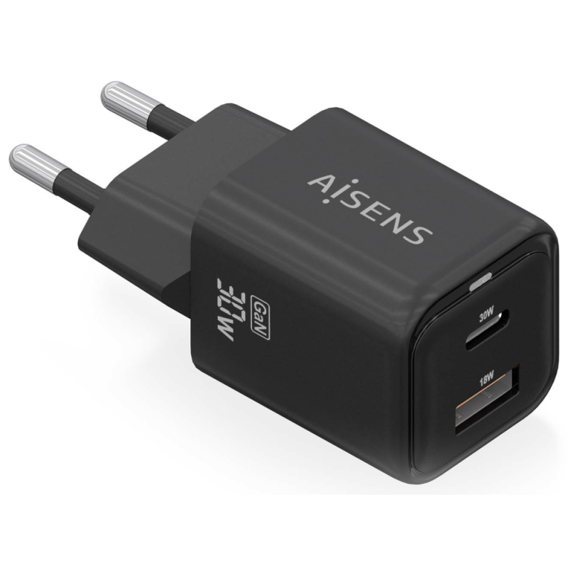 CARGADOR AISENS GAN 30W 1XUSB C PD30 QC40 1XUSB A QC30 NEGRO
