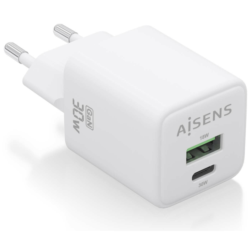 CARGADOR AISENS GAN 30W 1XUSB C PD30 QC40 1XUSB A QC30 BLANCO