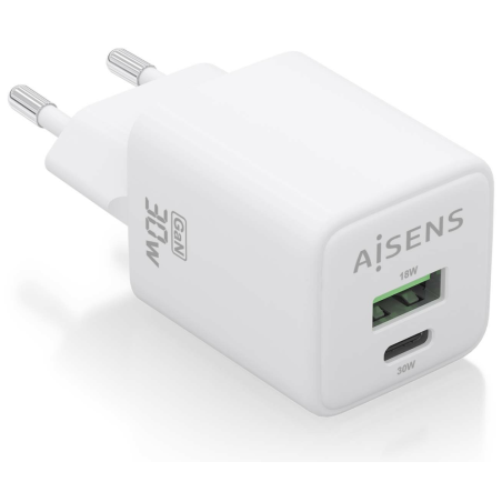 CARGADOR AISENS GAN 30W 1XUSB C PD30 QC40 1XUSB A QC30 BLANCO