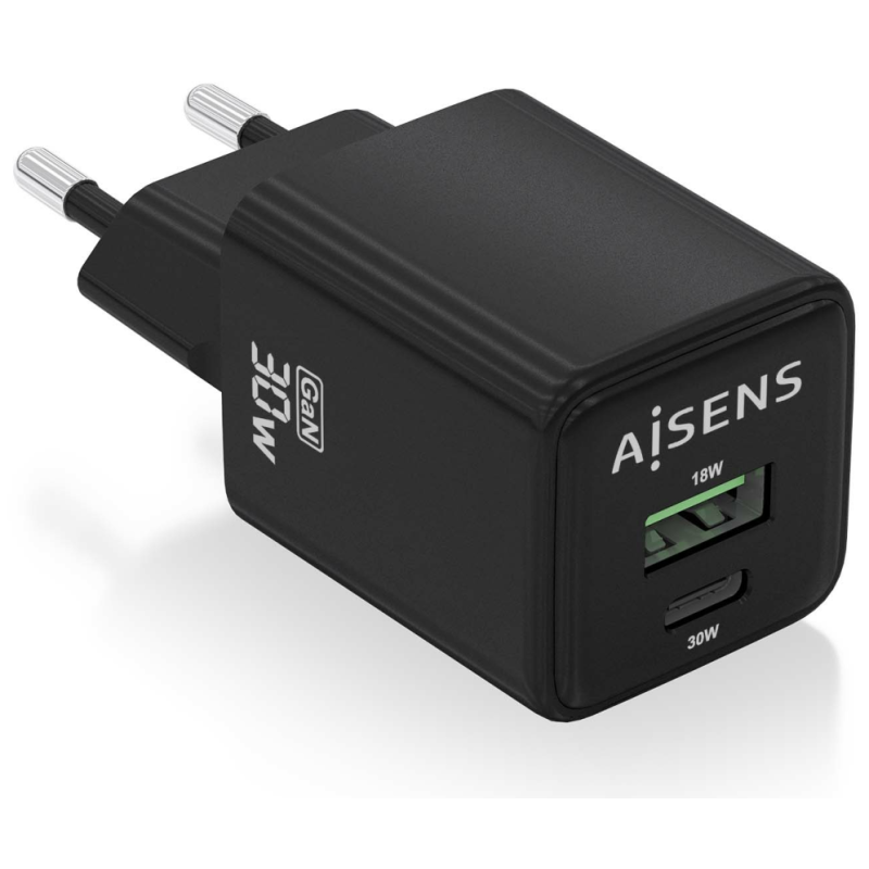 CARGADOR AISENS GAN 30W 1XUSB C PD30 QC40 1XUSB A QC30 NEGRO