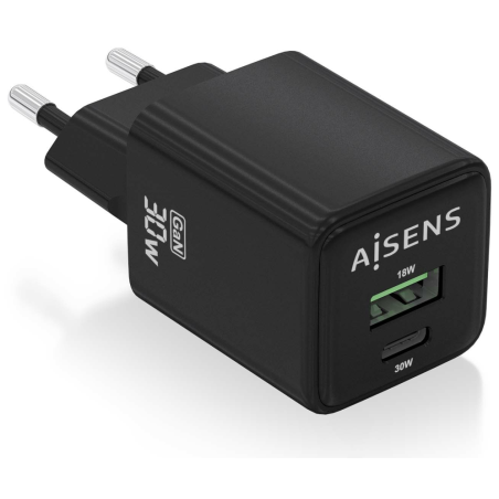 CARGADOR AISENS GAN 30W 1XUSB C PD30 QC40 1XUSB A QC30 NEGRO