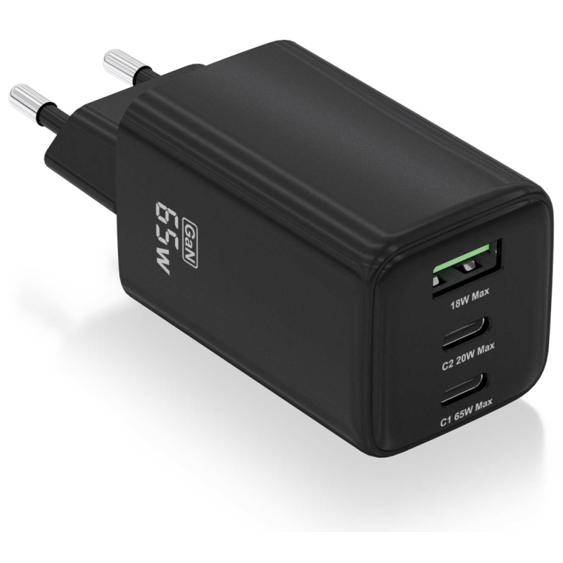 CARGADOR AISENS GAN 65W 2XUSB C PD30 QC40 1XUSB A QC30 NEGRO