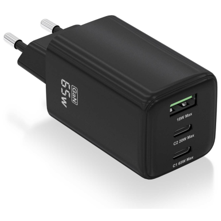CARGADOR AISENS GAN 65W 2XUSB C PD30 QC40 1XUSB A QC30 NEGRO