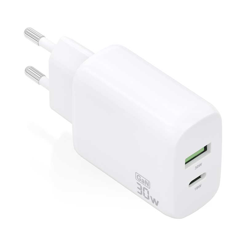 CARGADOR AISENS GAN 30W 1XUSB C PD30 QC40 1XUSB A QC30 BLANCO